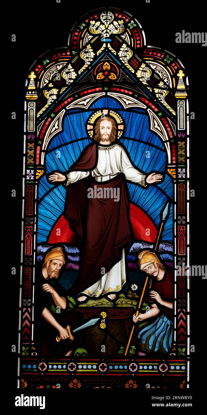 Resurrection stained glass, St. Peter`s Church, Ipsley, Redditch, Worcestershire, UK Stock Photo